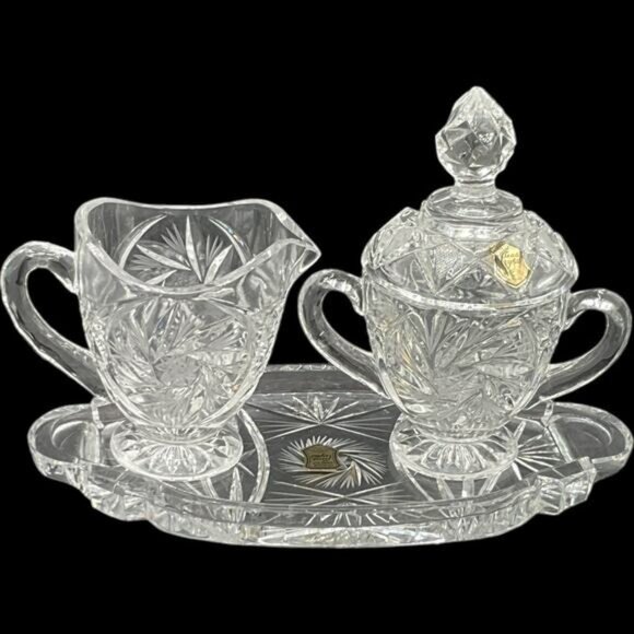 Vintage Lead Crystal Sugar & Creamer Set With Tray & Lid Hand Cut - Picture 1 of 14